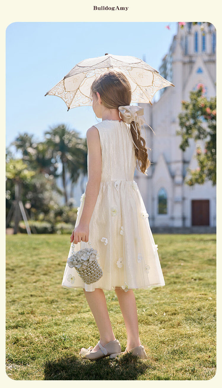CHANZUIGOU Girls' French High-End Princess Dress 2026 Summer New Stylish Round Neck Floral Satin Dress 18